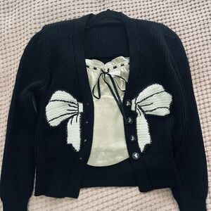 Lulu's Black Cardigan with Cream Bow Details